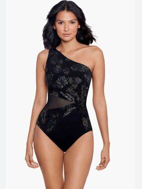 Miraclesuit One Piece Swimsuit Black One Shoulder Twist Front Resort Vacation